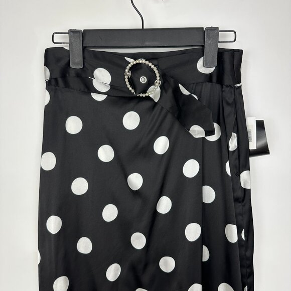 NWT Art Dealer Eva High Rise Polka Dot Satin Belted Midi Skirt Black Small - Picture 2 of 12